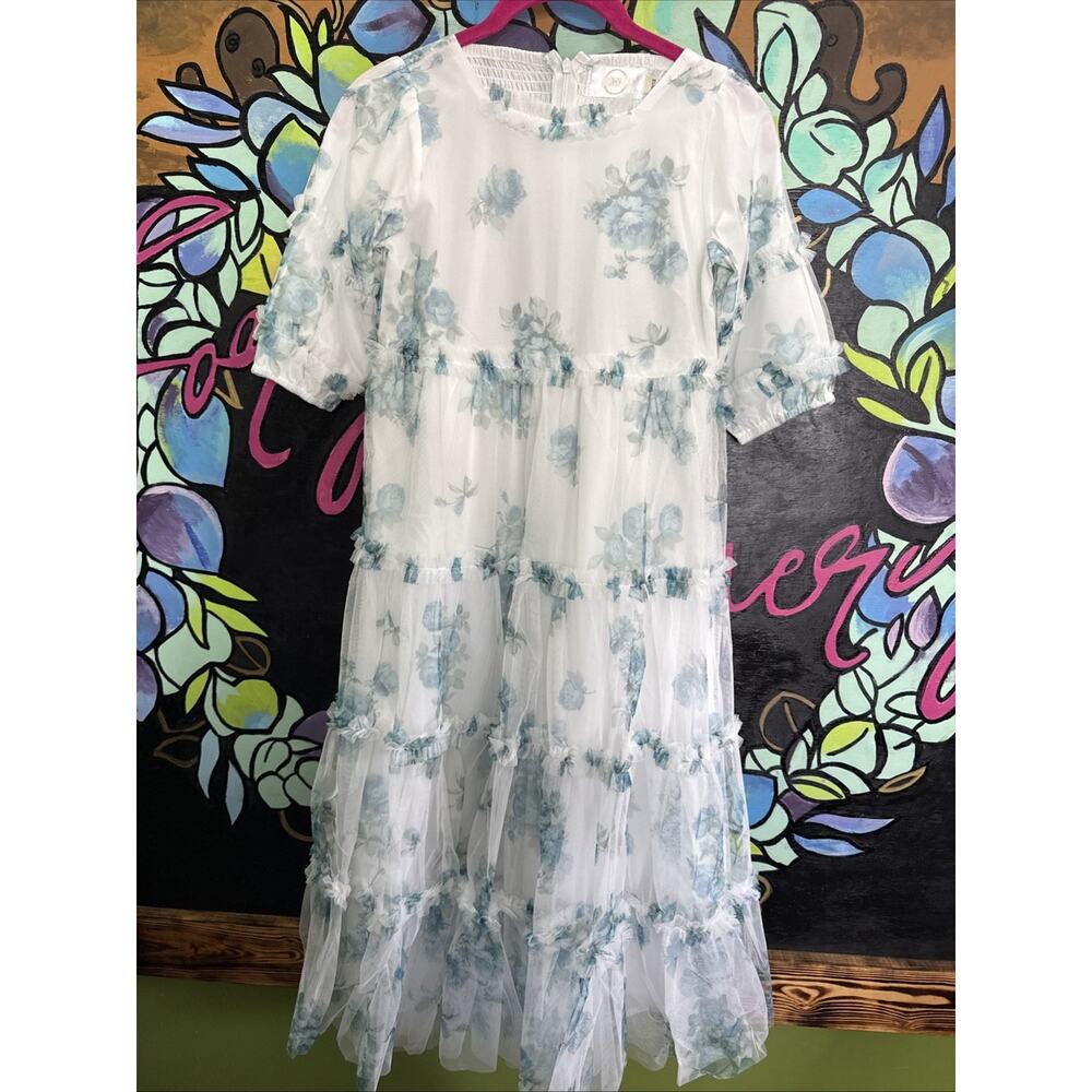 K+K Modest Bluebell Reverie Dress, White And Blue, Size 10/12